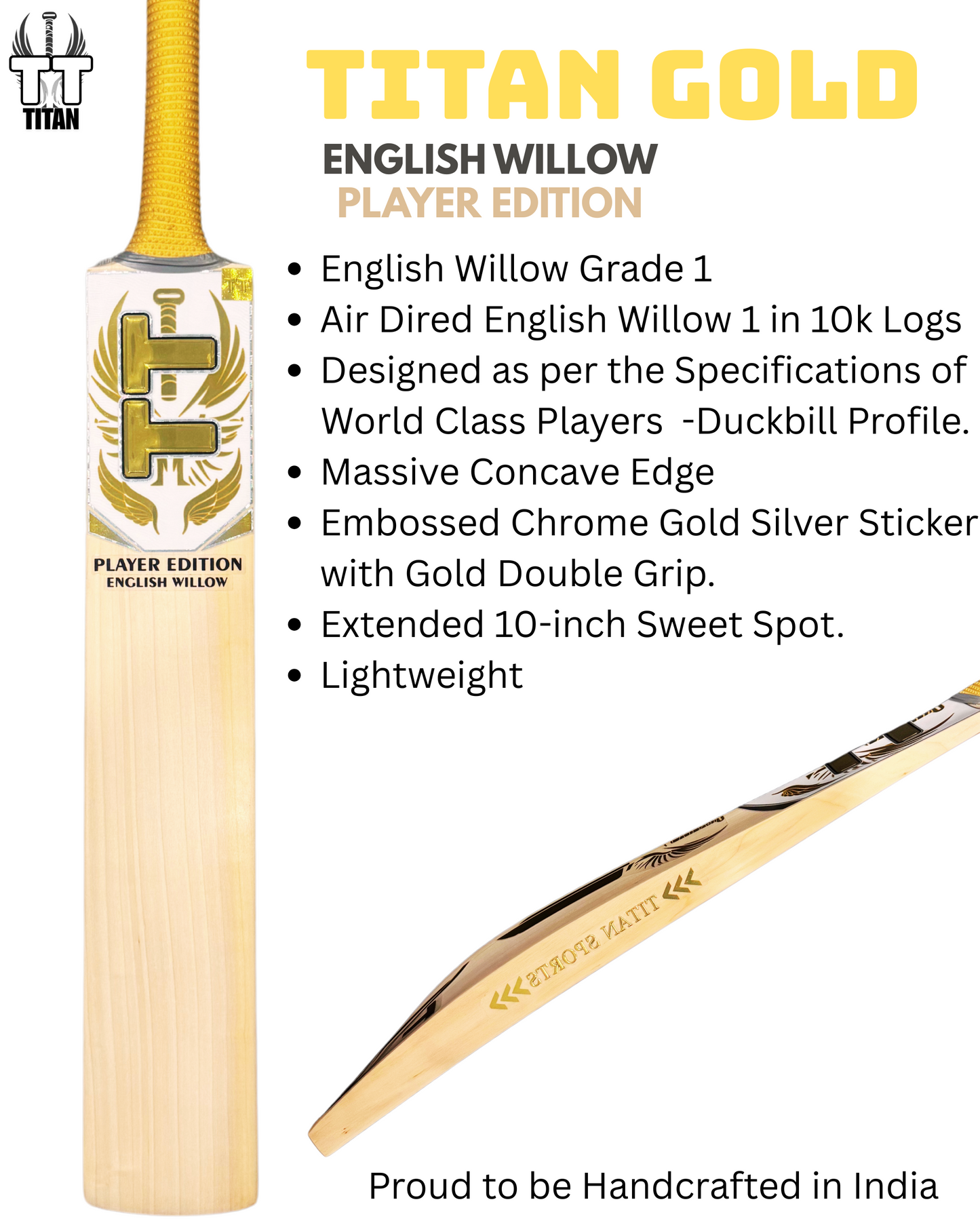 Titan Chrome Editon Grade English Willow Cricket Bat, Grade 1 Chrome, Oval Cane Handle, Player Profile, 42mm Profile, Big Sweet Spot Includes Two Hard Leather Cricket Balls