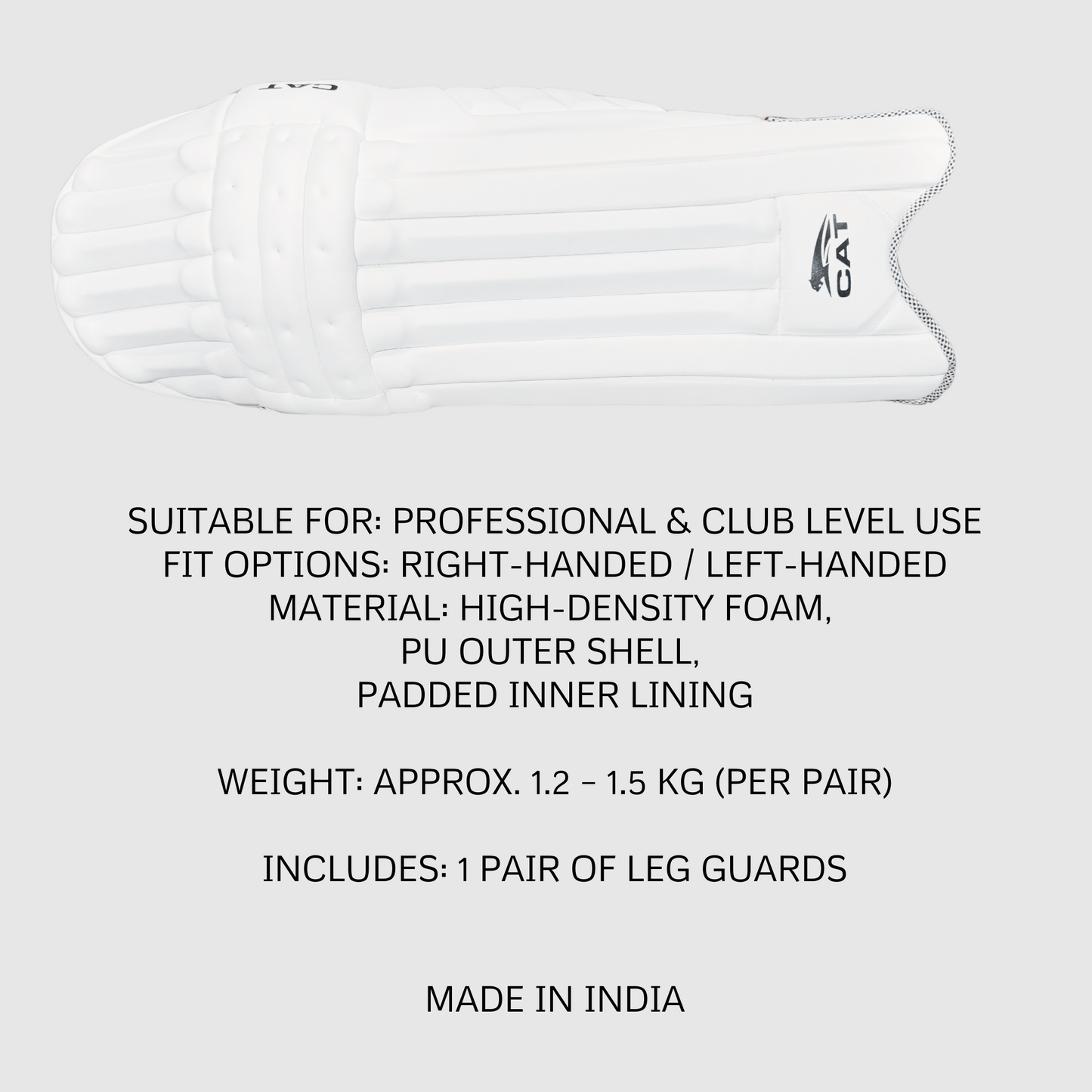 Front view of pro cricket batting pads with knee cap and shin protection