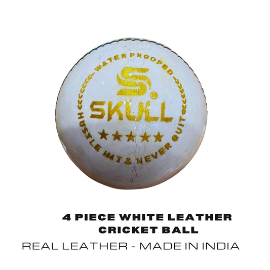 Top view of white leather hard cricket ball with stitched seam and glossy surface